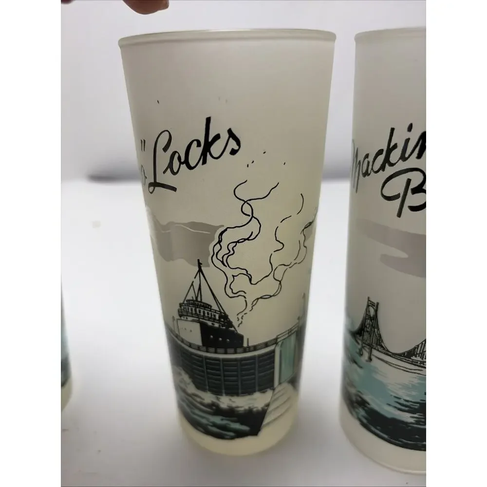 3 Vintage Michigan Souvenir Frosted Glasses Tumblers Mackinac Bridge UZ4